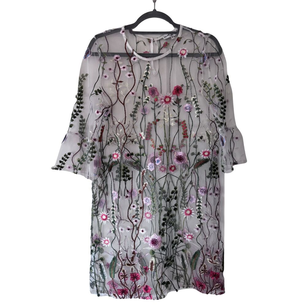 Super Pretty Jaune Rouge Sheer Floral Embroidered Dress Swim Cover Up Sz S